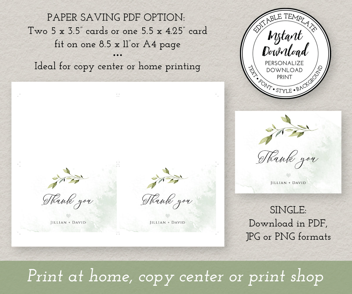 Download options for greenery wedding thank you card, two per sheet and single card.