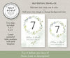 Greenery wedding table number card templates in two sizes: 5 x 7 and 4 x 6