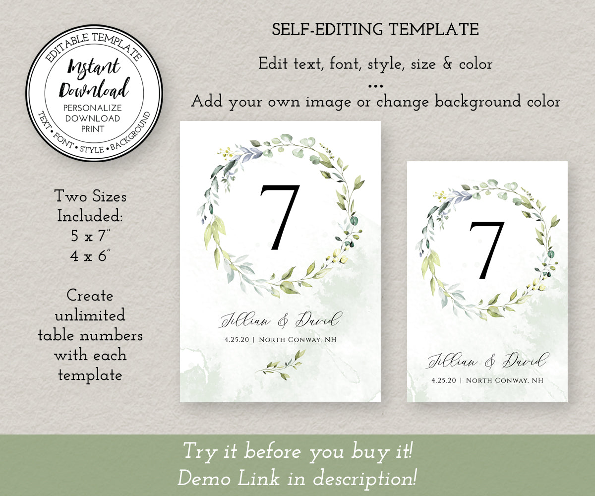 Greenery wedding table number card templates in two sizes: 5 x 7 and 4 x 6