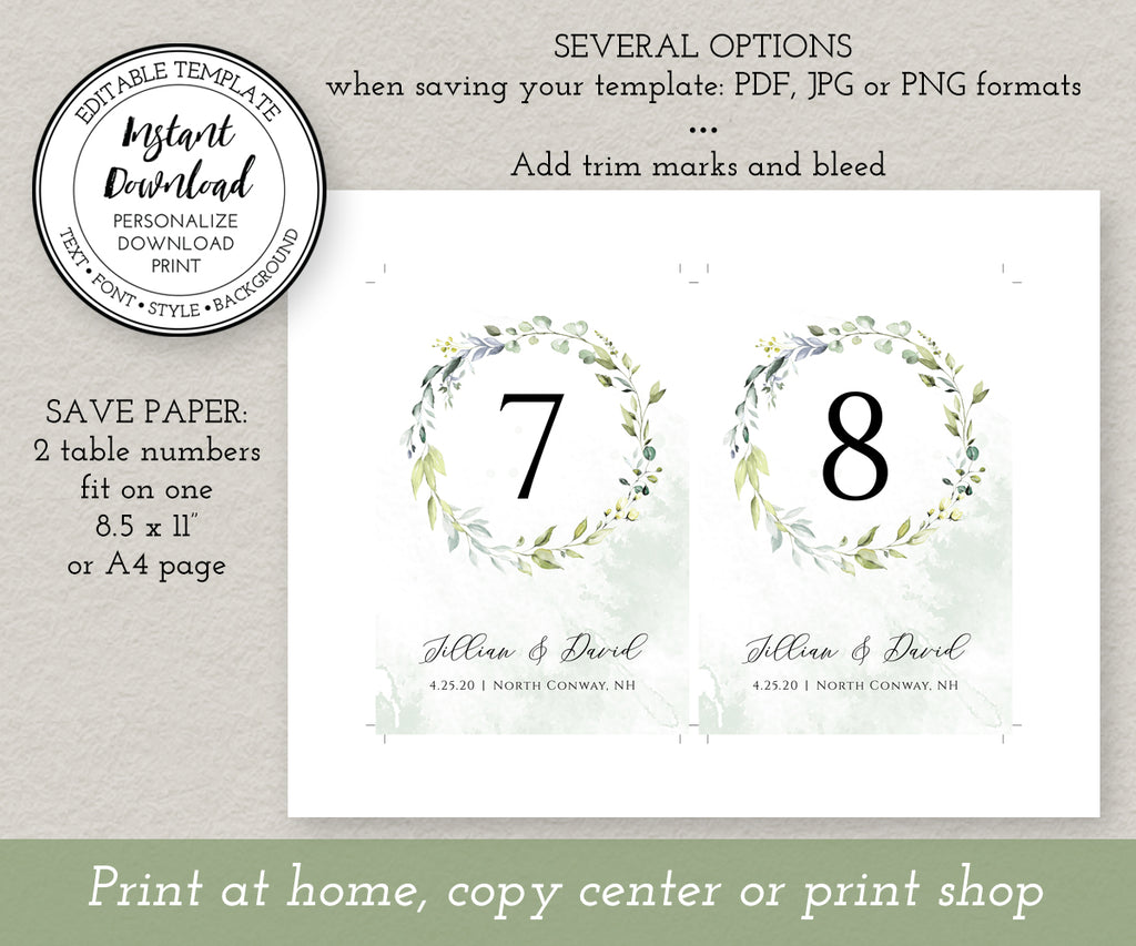 Download options for greenery wedding table numbers, show 2 cards on a sheet