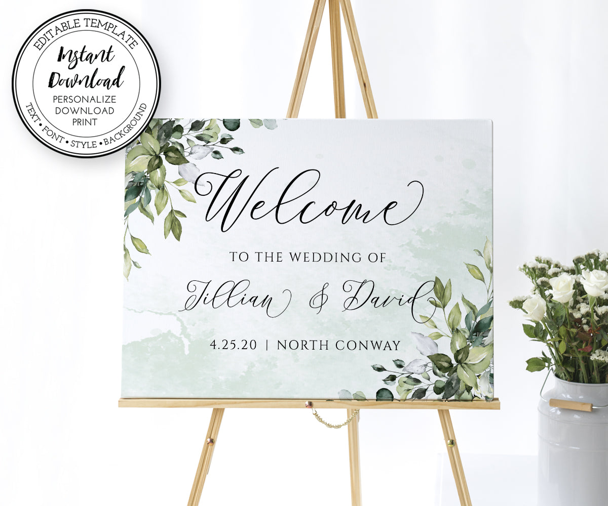 Greenery wedding or shower welcome sign on an easel, personalized with couple&#39;s names