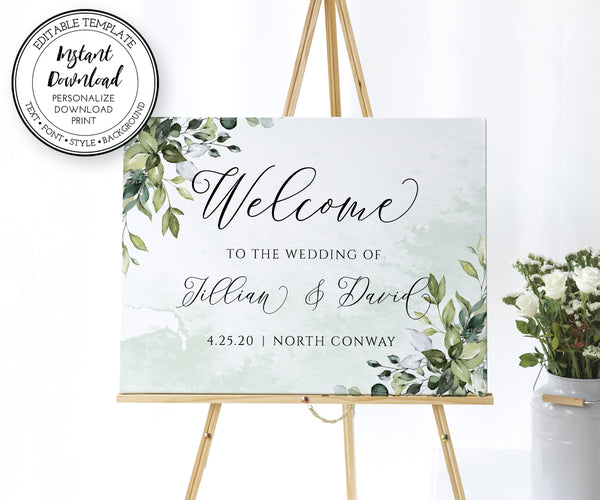 Greenery wedding or shower welcome sign on an easel, personalized with couple's names