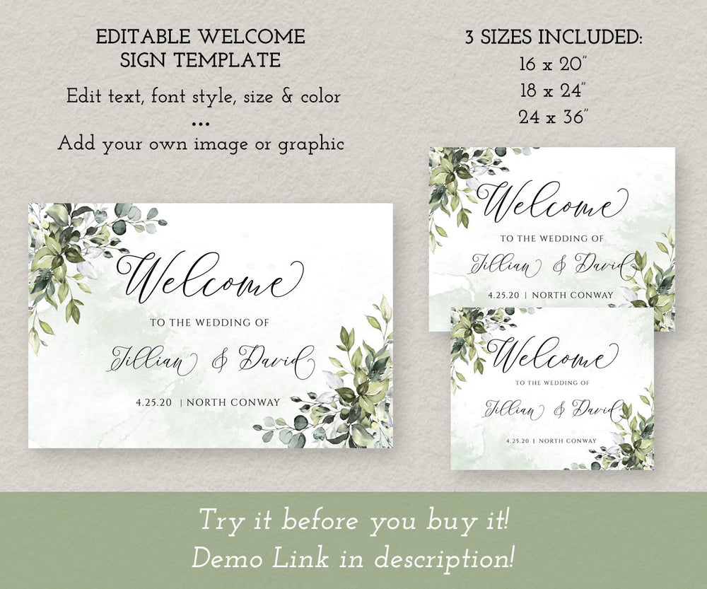 Greenery Wedding or Bridal Shower Welcome Sign Template, Landscape, 3 ...