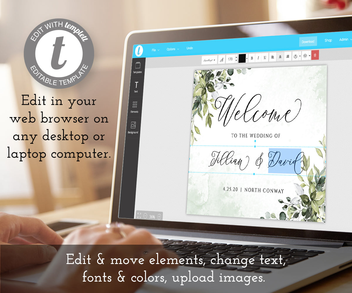 how to edit a greenery welcome sign on a computer at templett