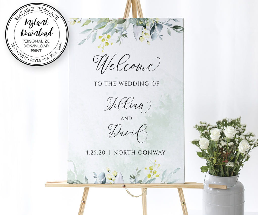 Greenery Wedding Welcome Sign Template, Wedding or Bridal Shower Welcome Sign, Rustic Wedding, Boho Wedding, Portrait, 3 sizes included