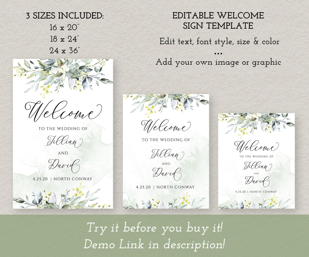 Greenery Wedding Welcome Sign Template, Wedding or Bridal Shower Welcome Sign, Rustic Wedding, Boho Wedding, Portrait, Size Options