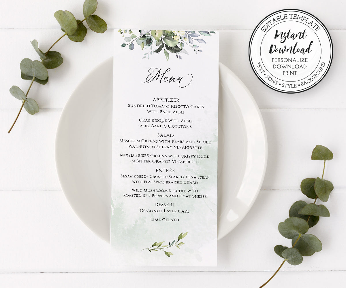 Greenery menu, 3.68 x 9 inch shown on table place setting