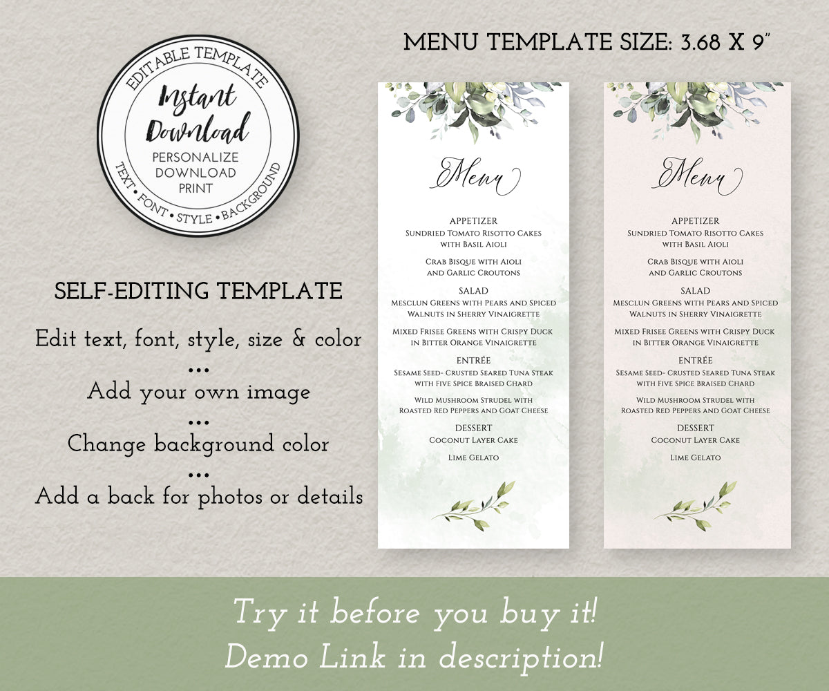 Greenery Wedding Menu Template, 3.68 x 9"
