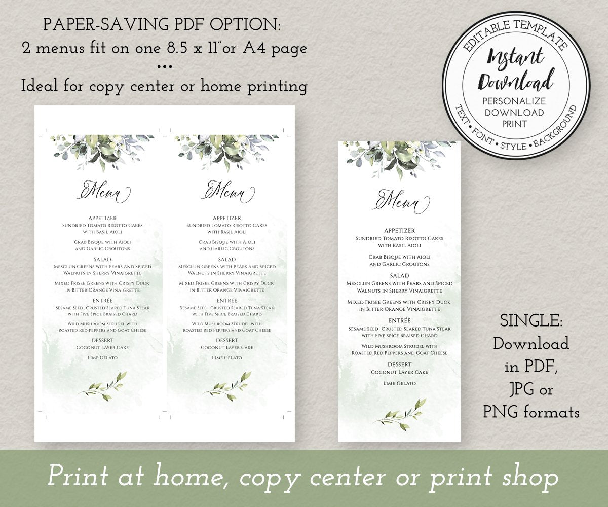 Wedding Menu Template, Editable Greenery Wedding Menu 3.68 x 9", Download Options