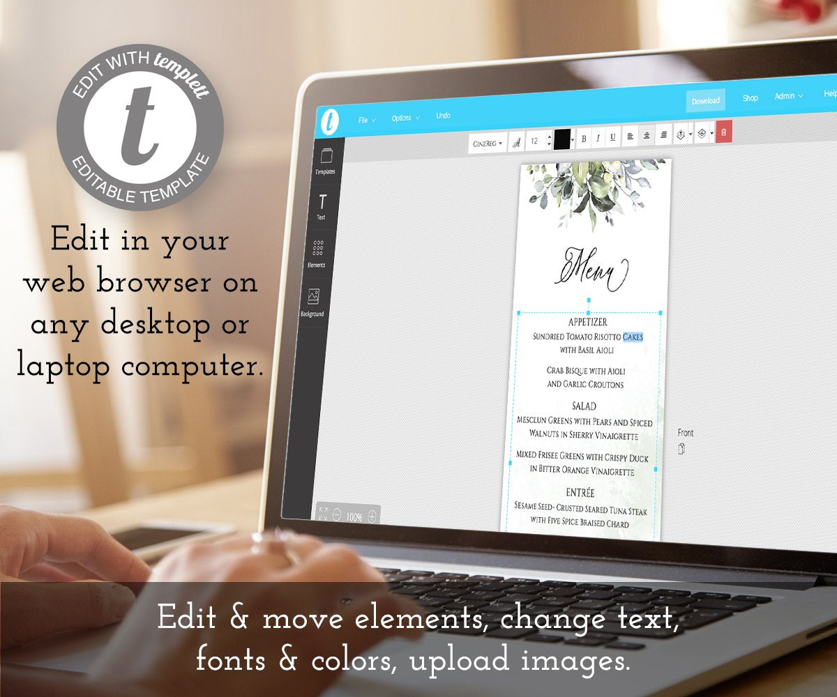 Wedding Menu Template, Editable Greenery Wedding Menu 3.68 x 9", How to Edit
