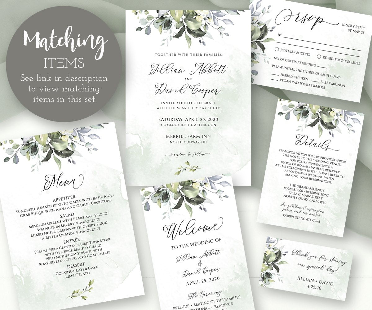 Grennery Wedding Menu Template, matching wedding stationery items