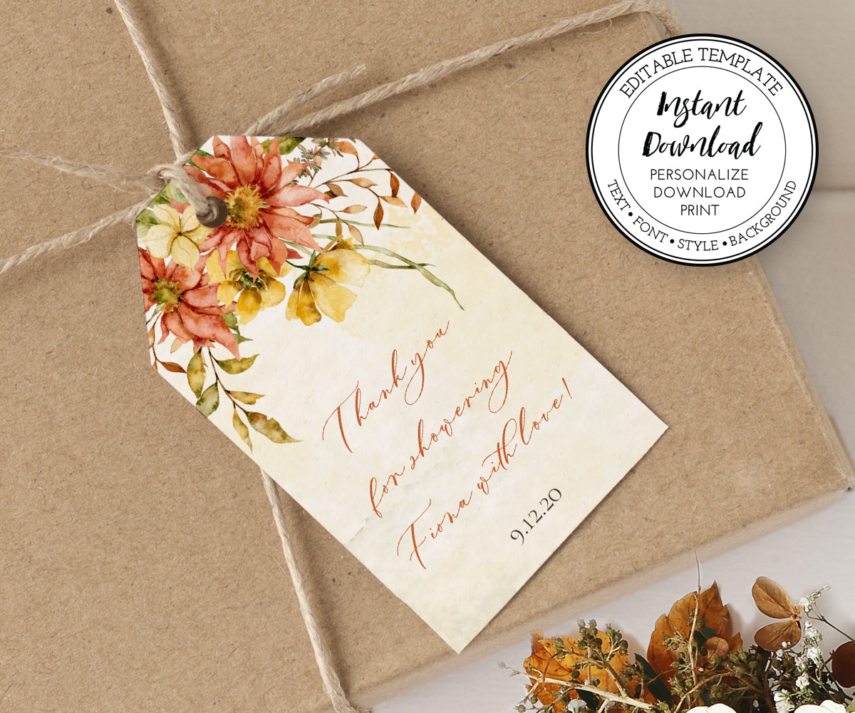 Fall Floral Rustic Bridal Shower Favor Tags Vertical