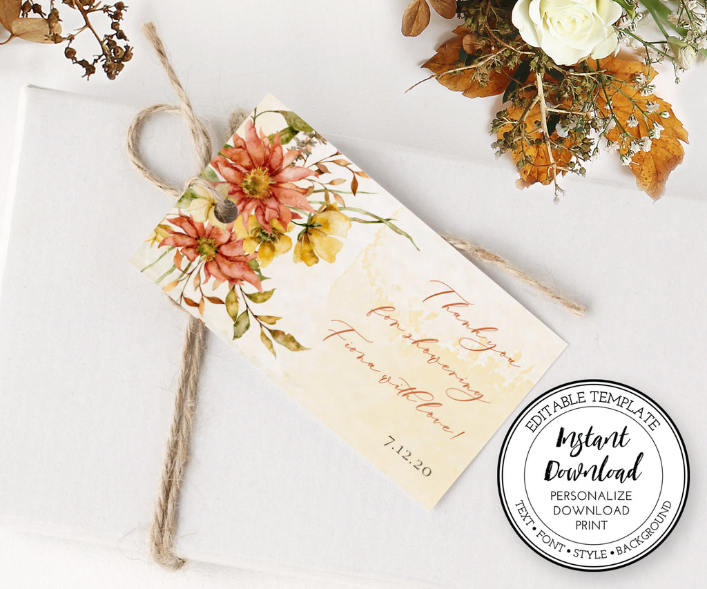 Fall Floral Bridal Shower Favor tags, horizontal