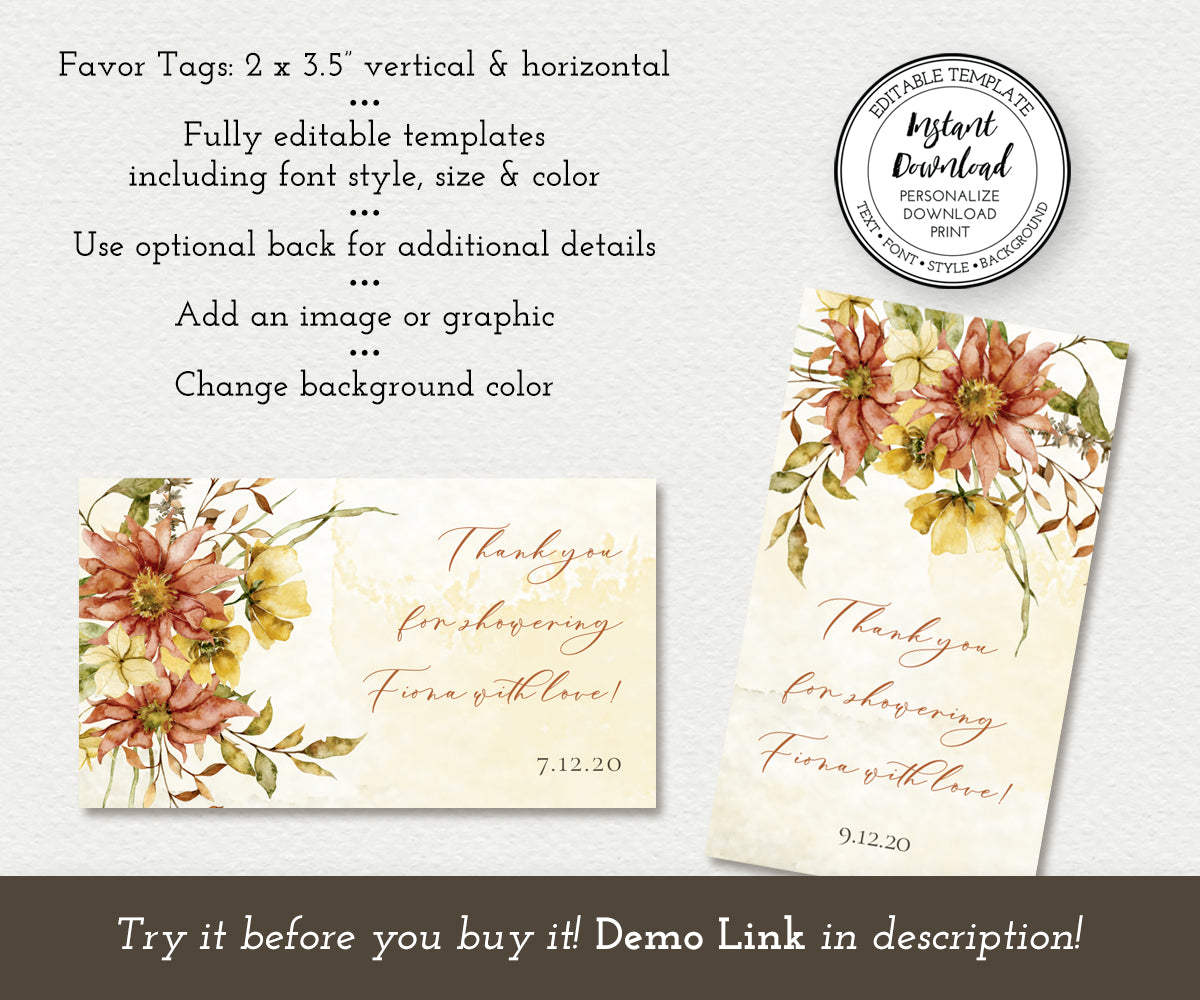 Rustic Fall Floral Bridal Shower Couples Shower Favor Tags
