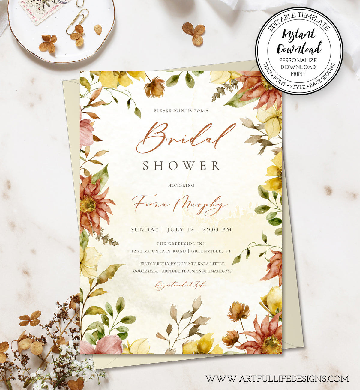 Fall Floral Bridal Shower Invitation Editable Template