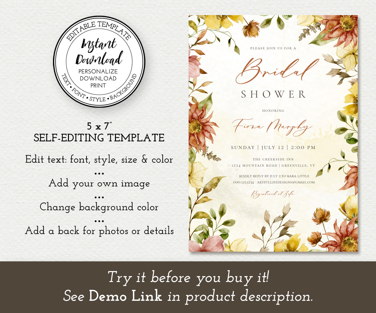 Self Editing Template Fall Rustic Bridal Shower Invitation