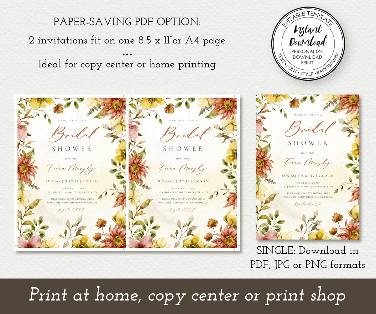 Paper saver option for fall floral Bridal Shower invitation template