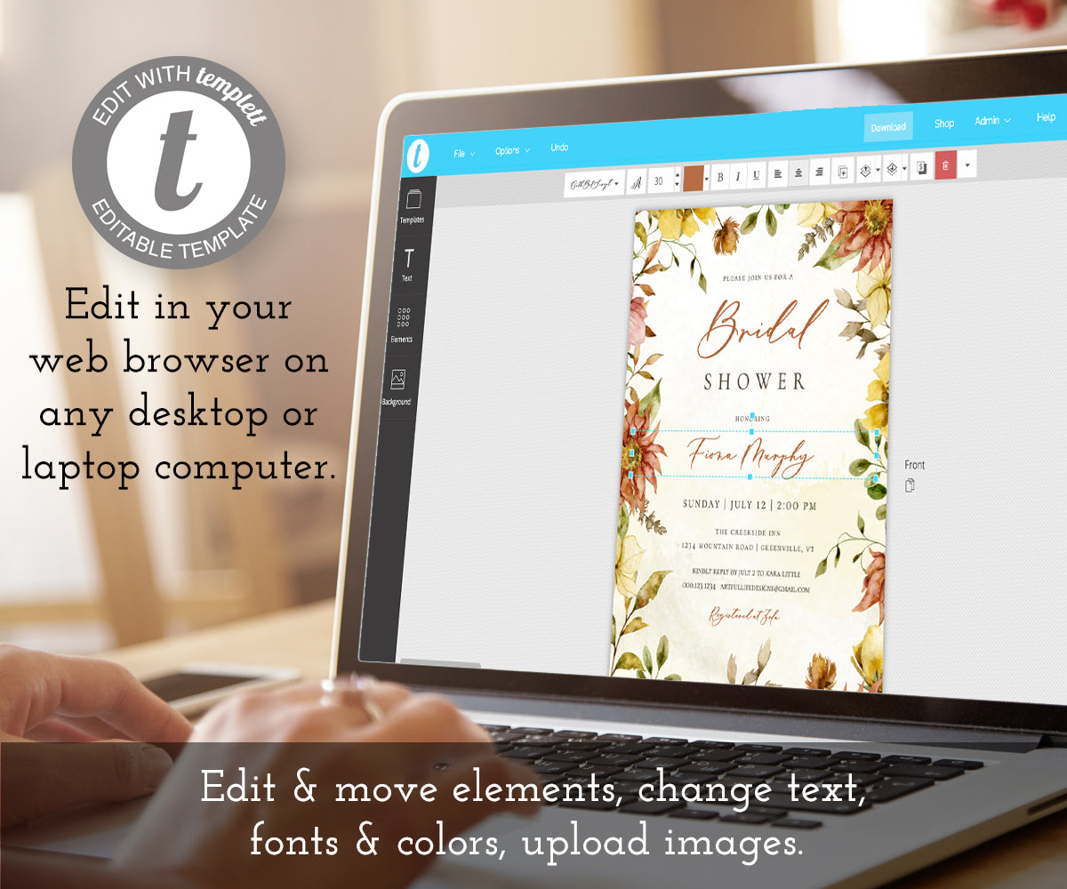 Edit online at templett.com, fall floral bridal shower invitation template