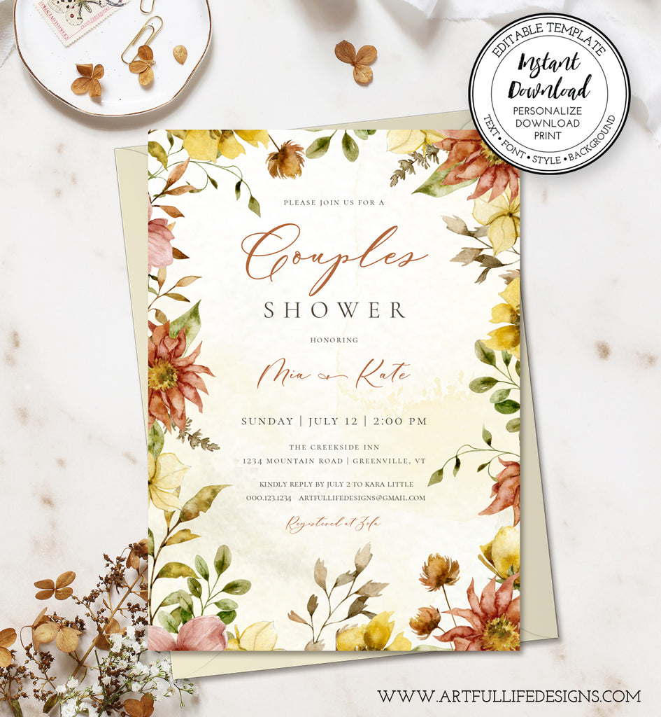 Fall Floral Couples Shower Invitation, Rust and Gold Rustic Couples Shower Invitation
