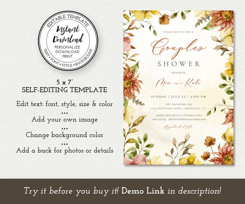 Self Editing Template, Fall Floral Couples Shower Invitation, Rust and Gold Rustic Couples Shower Invitation