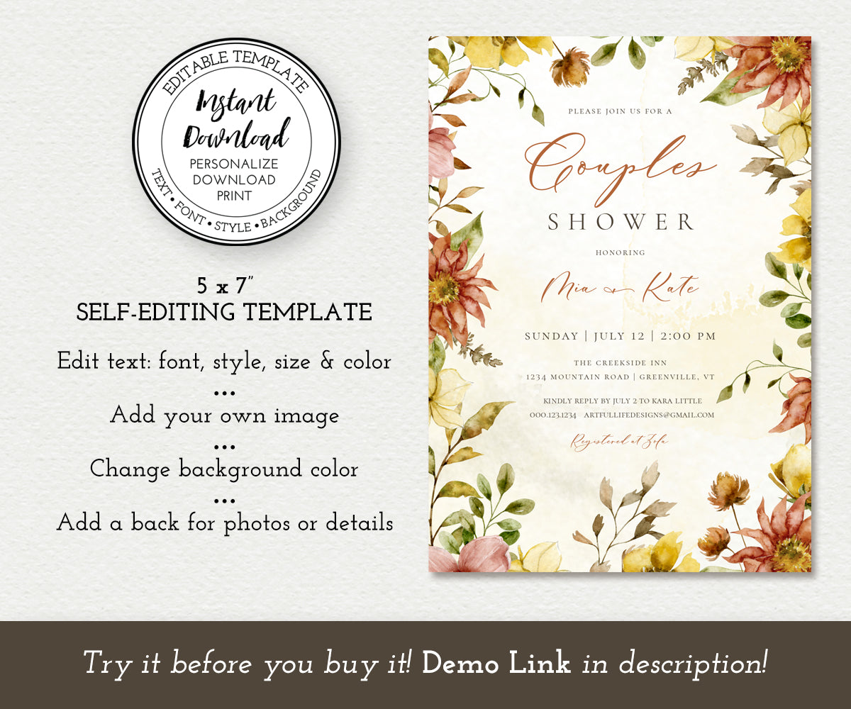 Self Editing Template, Fall Floral Couples Shower Invitation, Rust and Gold Rustic Couples Shower Invitation