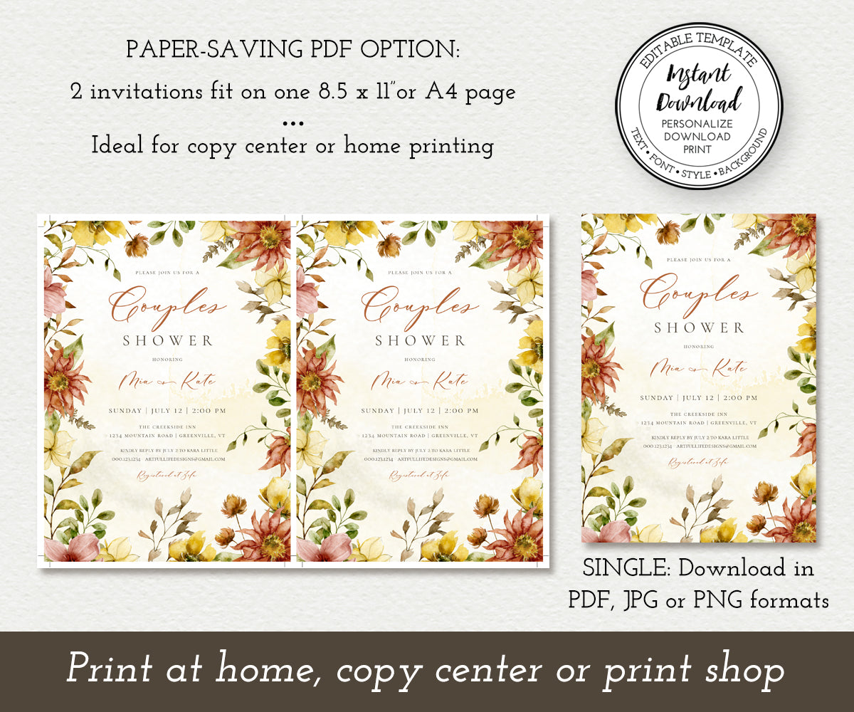 Paper Saving Option, Fall Floral Couples Shower Invitation, Rust and Gold Rustic Couples Shower Invitation