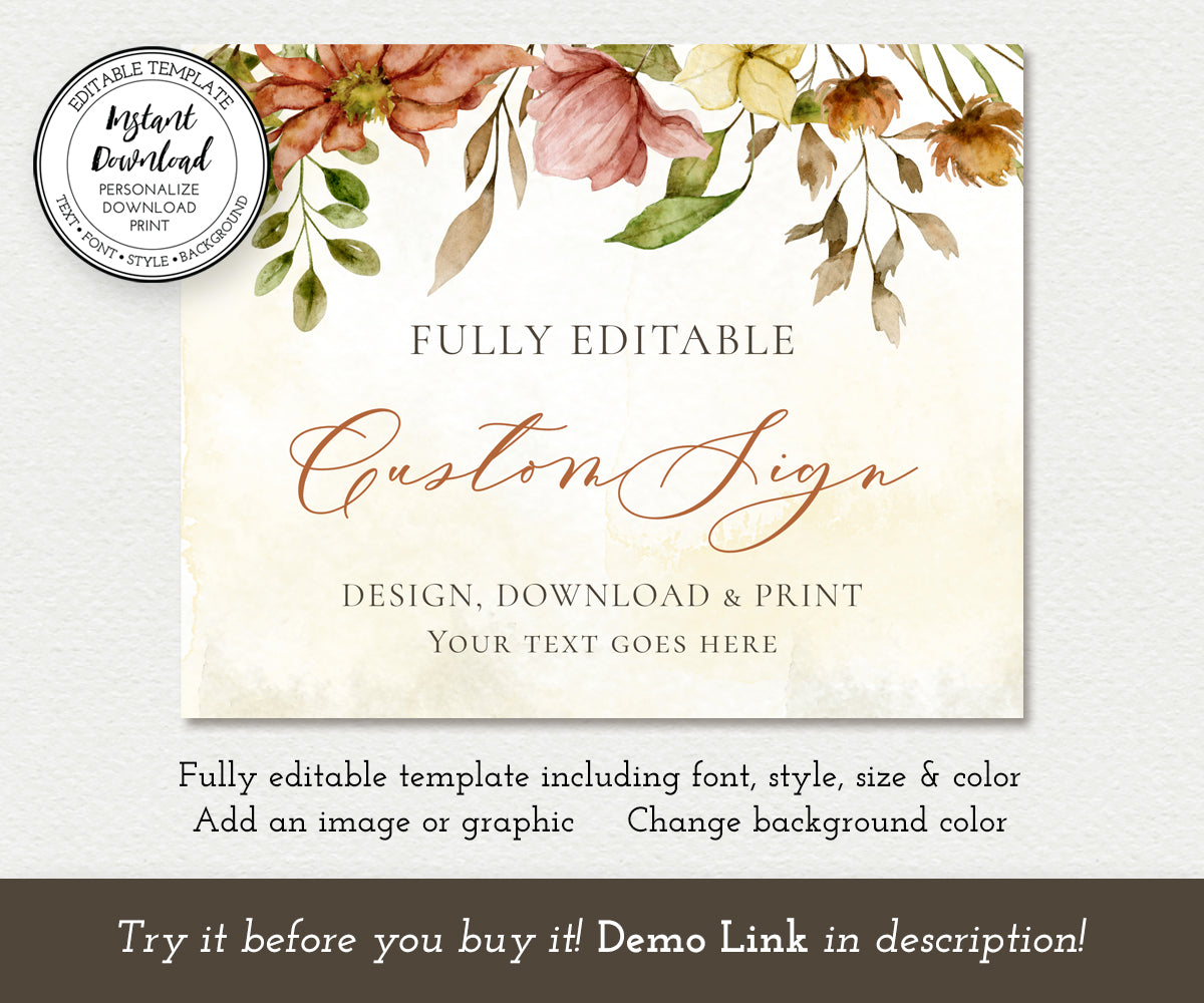 Fall Floral Custom Sign Editable Template