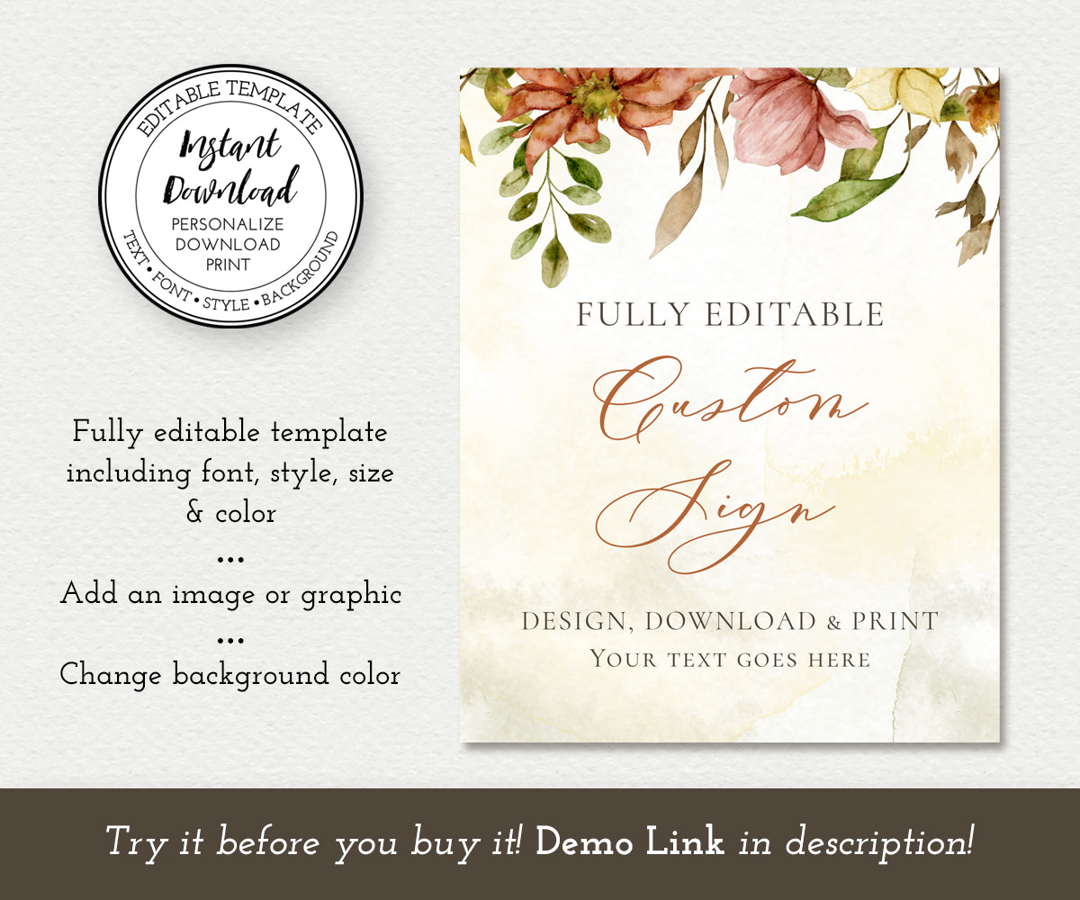 Editable Template Fall Floral Custom Sign, Portrait