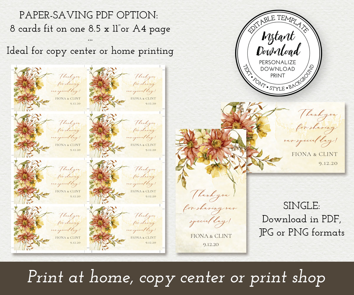 Paper saver option, Rustic Fall Floral Wedding Favor Tag