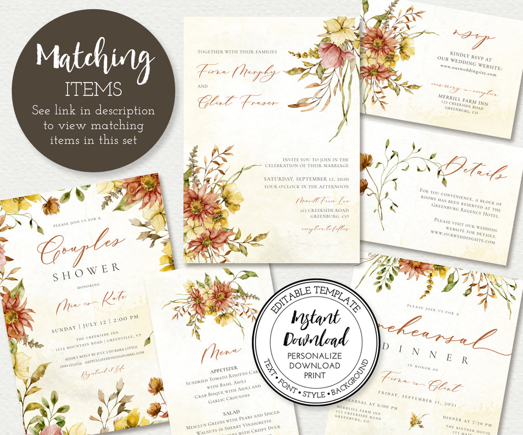 Artful Life Designs, W105 Fall Floral Wedding Stationery Set of Templates