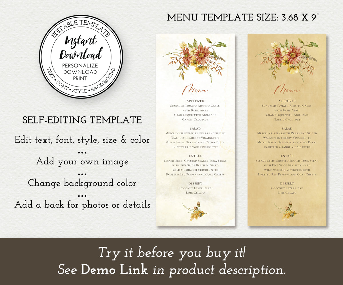 Rustic Fall Floral Menu Editable Template
