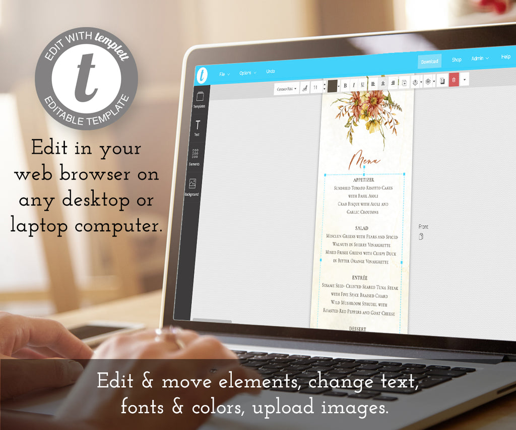 Edit online at templett, Rustic Fall Floral Menu