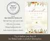 Fall wedding rehearsal dinner invitation with rustic red and gold flowers and greenery, editable template.