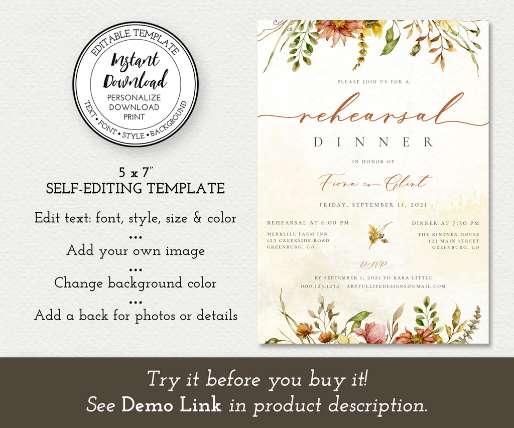 Fall wedding rehearsal dinner invitation with rustic red and gold flowers and greenery, editable template.