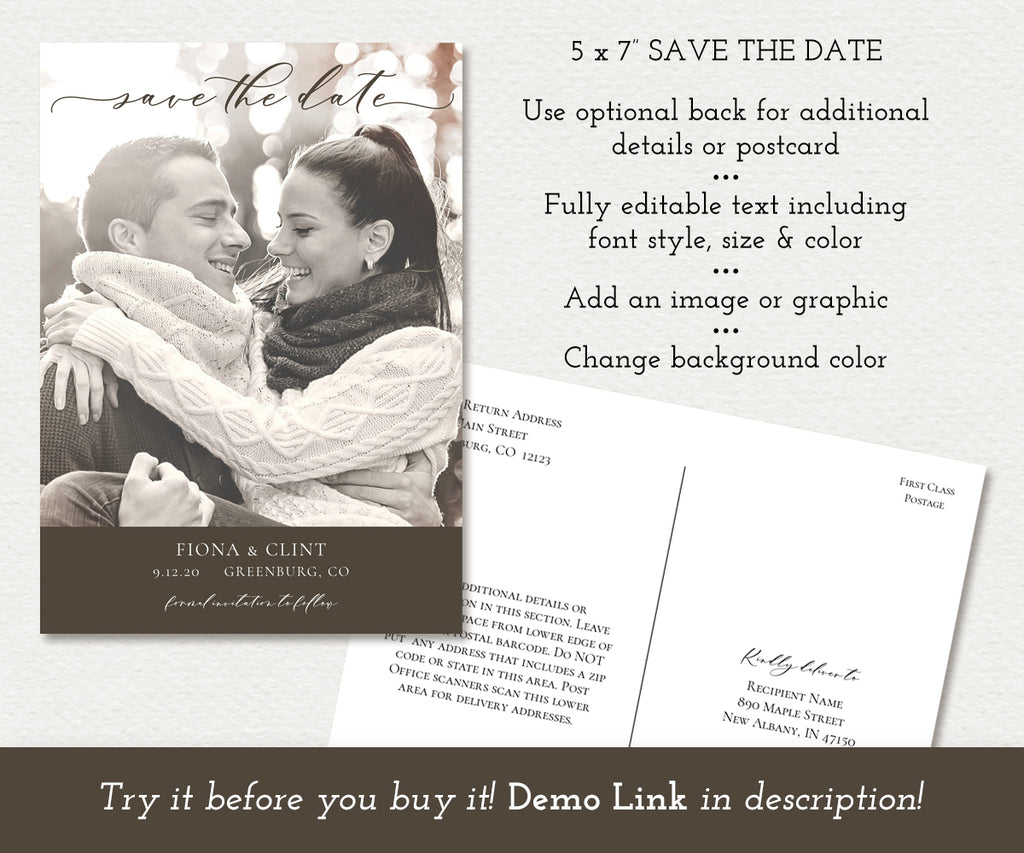 5 x 7" Photo Save the Date wedding date announcement card template with optional back for postcard