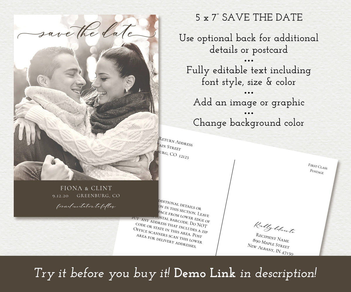 5 x 7" Photo Save the Date wedding date announcement card template with optional back for postcard