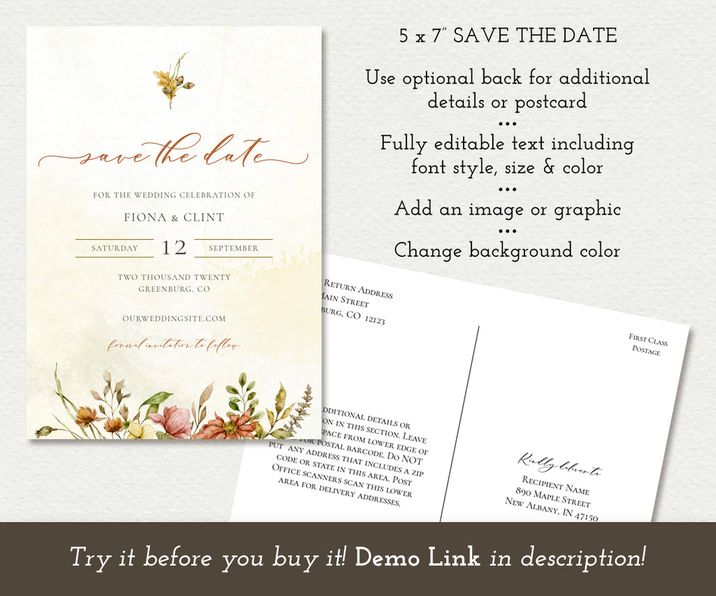 5 x 7" Rustic Fall Floral Save the Date Card with optional post card back