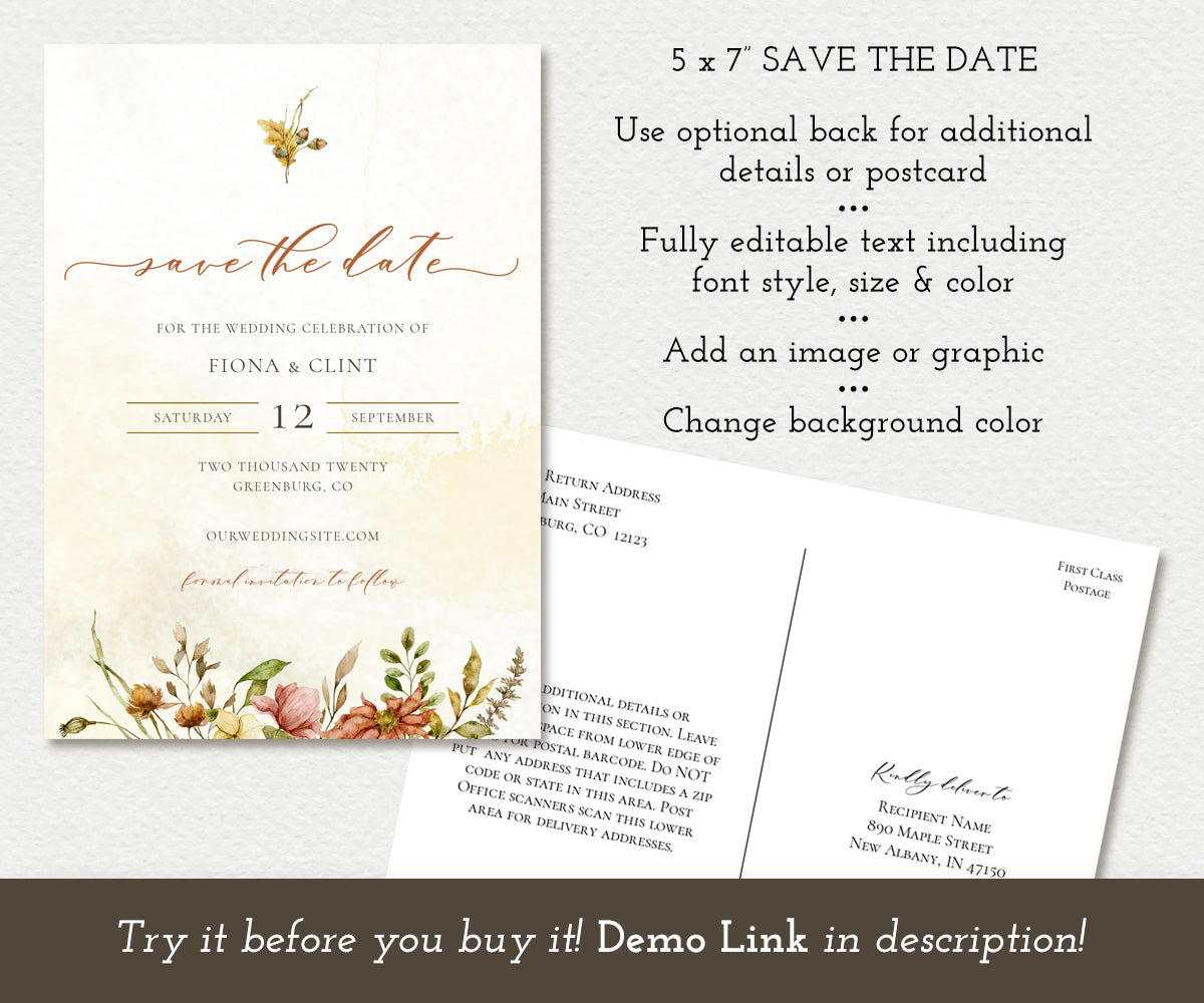 5 x 7" Rustic Fall Floral Save the Date Card with optional post card back