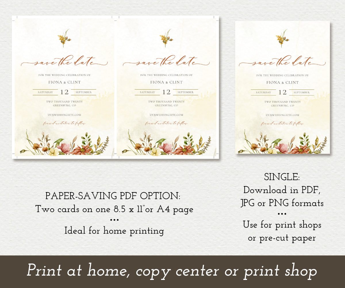 Paper saving option for Rustic Fall Floral Save the Date Card Template