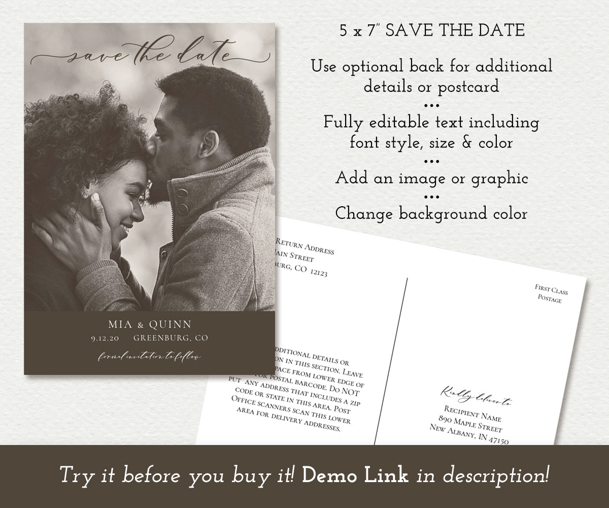 5 x 7" Photo Save the Date, wedding date announcement card template