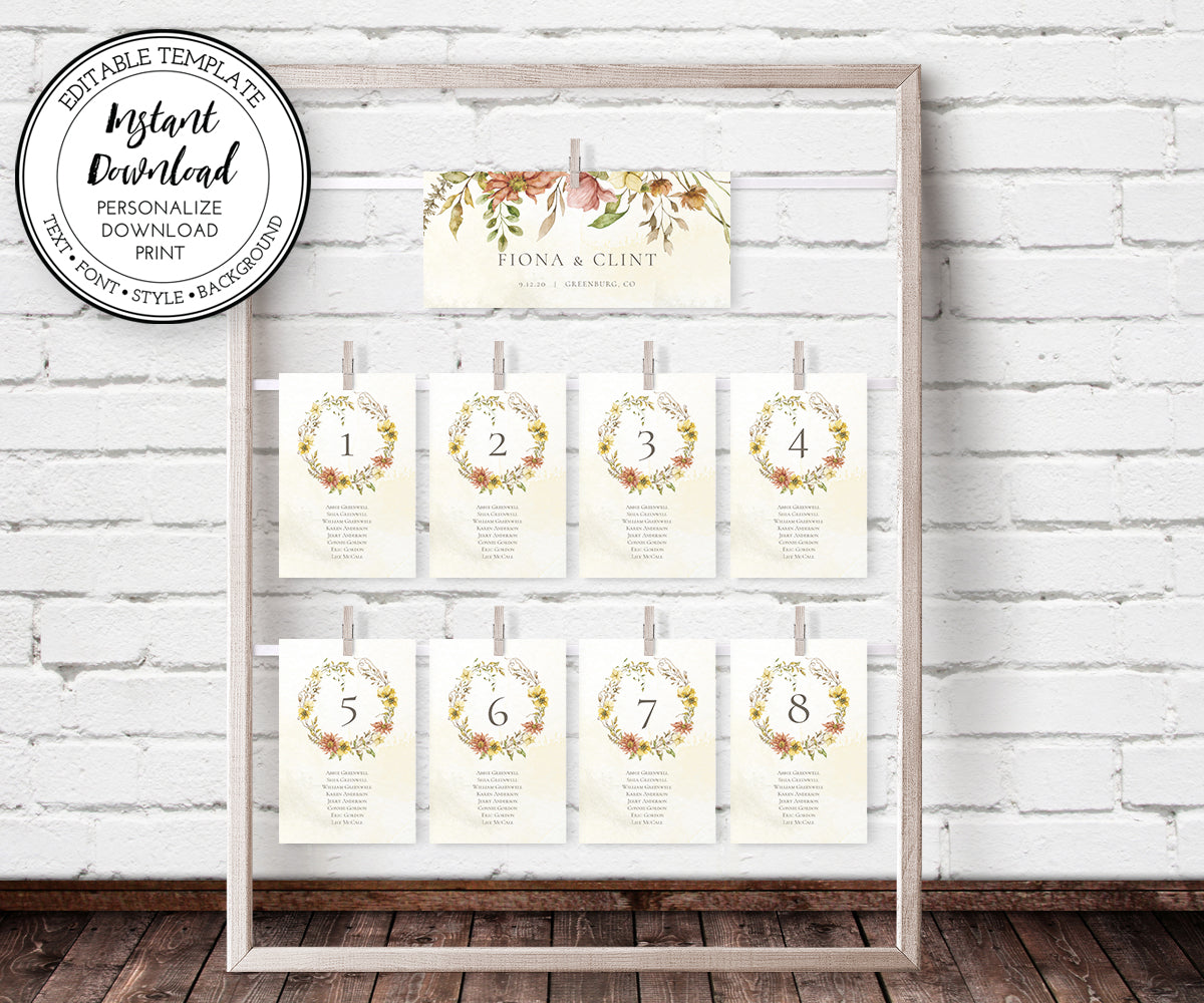 Fall Floral Seating Chart, Wedding Seating Chart Template, Hanging Sea