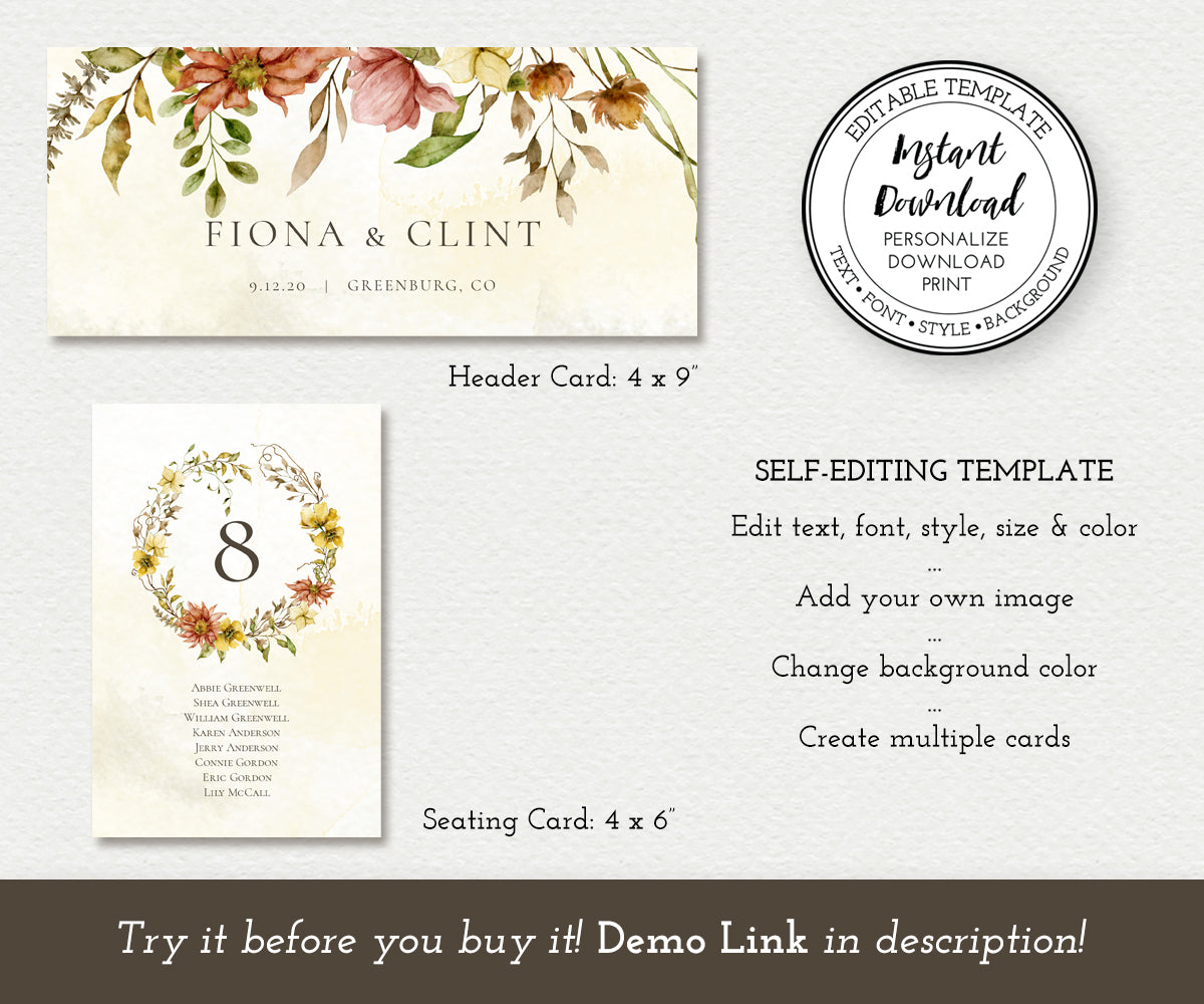 Rustic Fall Floral Seating Chart Header Card and Seating Card Templates