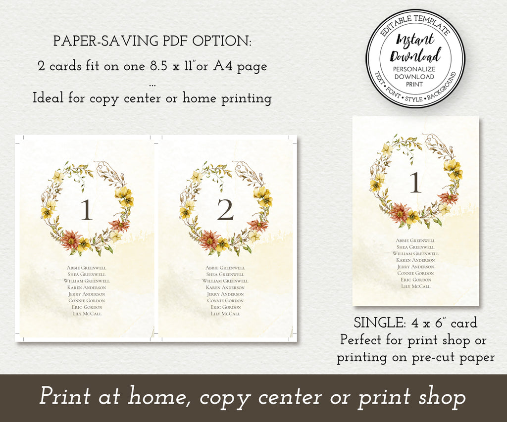 Paper saving option for Fall Floral Seating Chart Cards