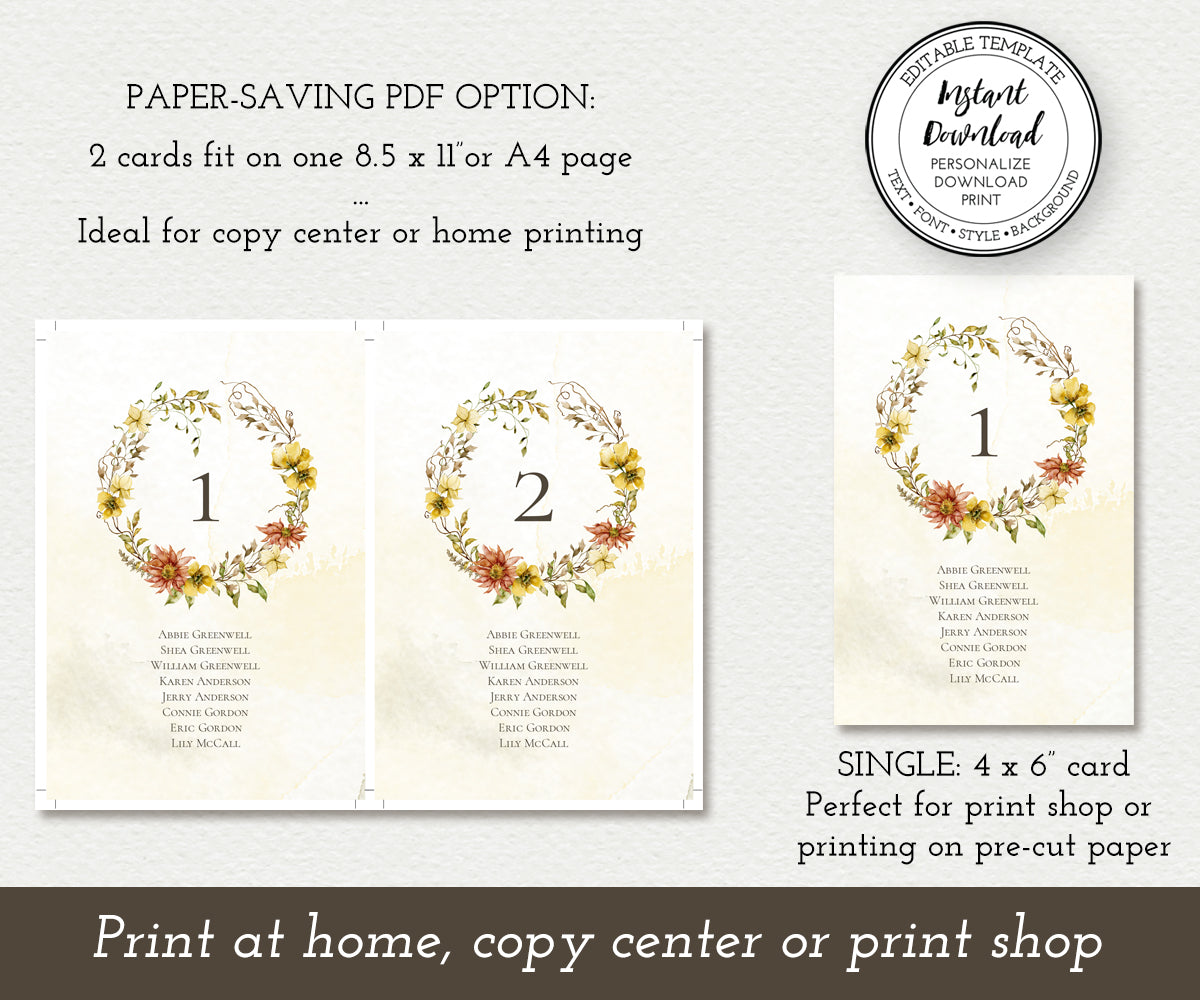 Paper saving option for Fall Floral Seating Chart Cards