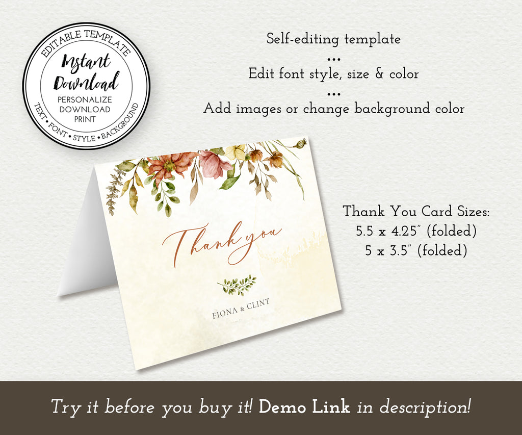 Editable template, Fall Floral Rustic wedding or shower thank you cards in two sizes