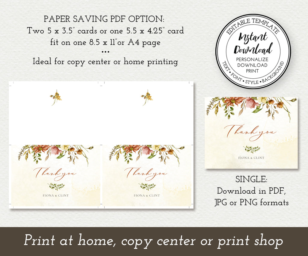 Download options for fall floral wedding thank you card, two per sheet and single card.