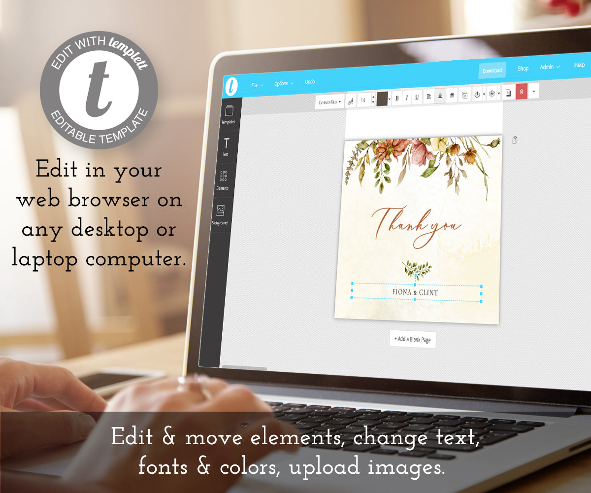 Edit online fall floral wedding thank you card template.