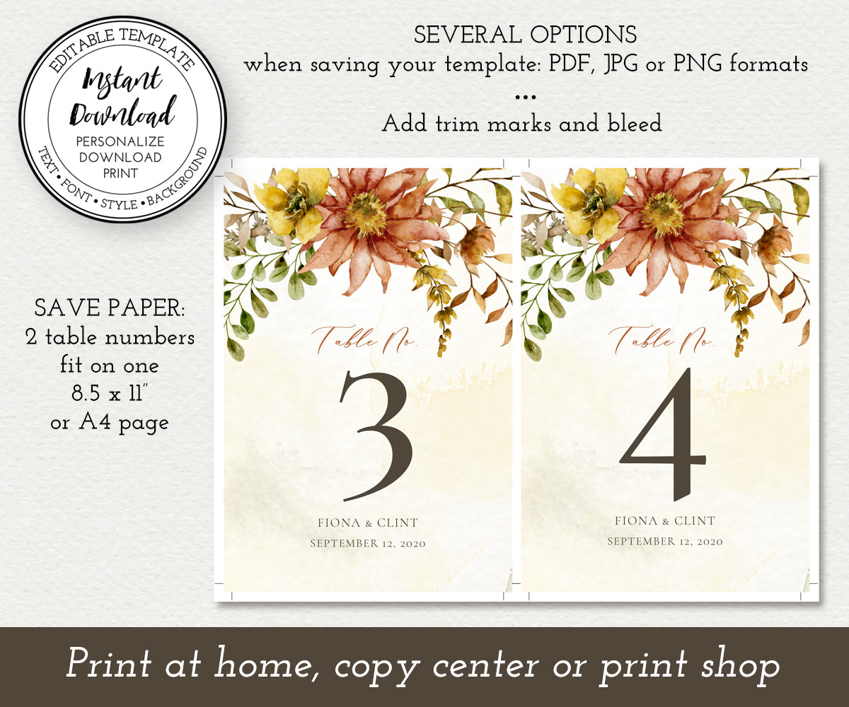 Paper saving option for Rustic Fall Floral Table numbers