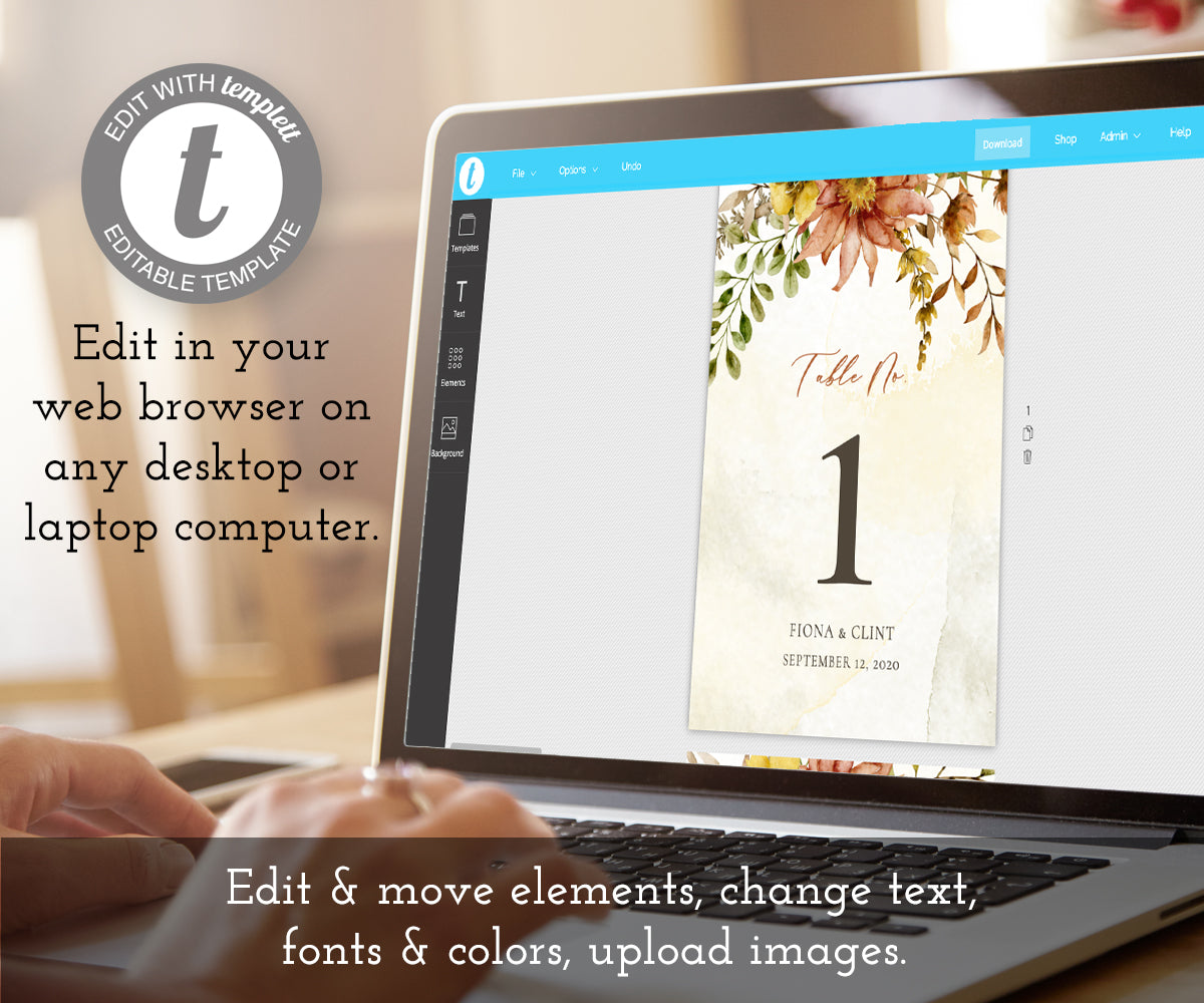 Edit online at templett Rustic Fall Floral Table numbers template