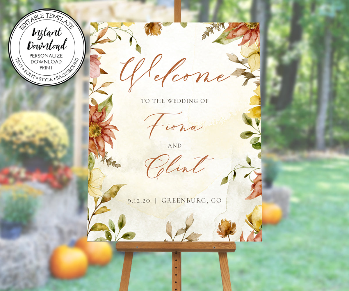 Rustic Fall Floral Wedding Welcome Sign